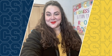 Sarah Dragon, a College of Saint Mary alum and Omaha Public Schools counselor, stands in a classroom smiling.