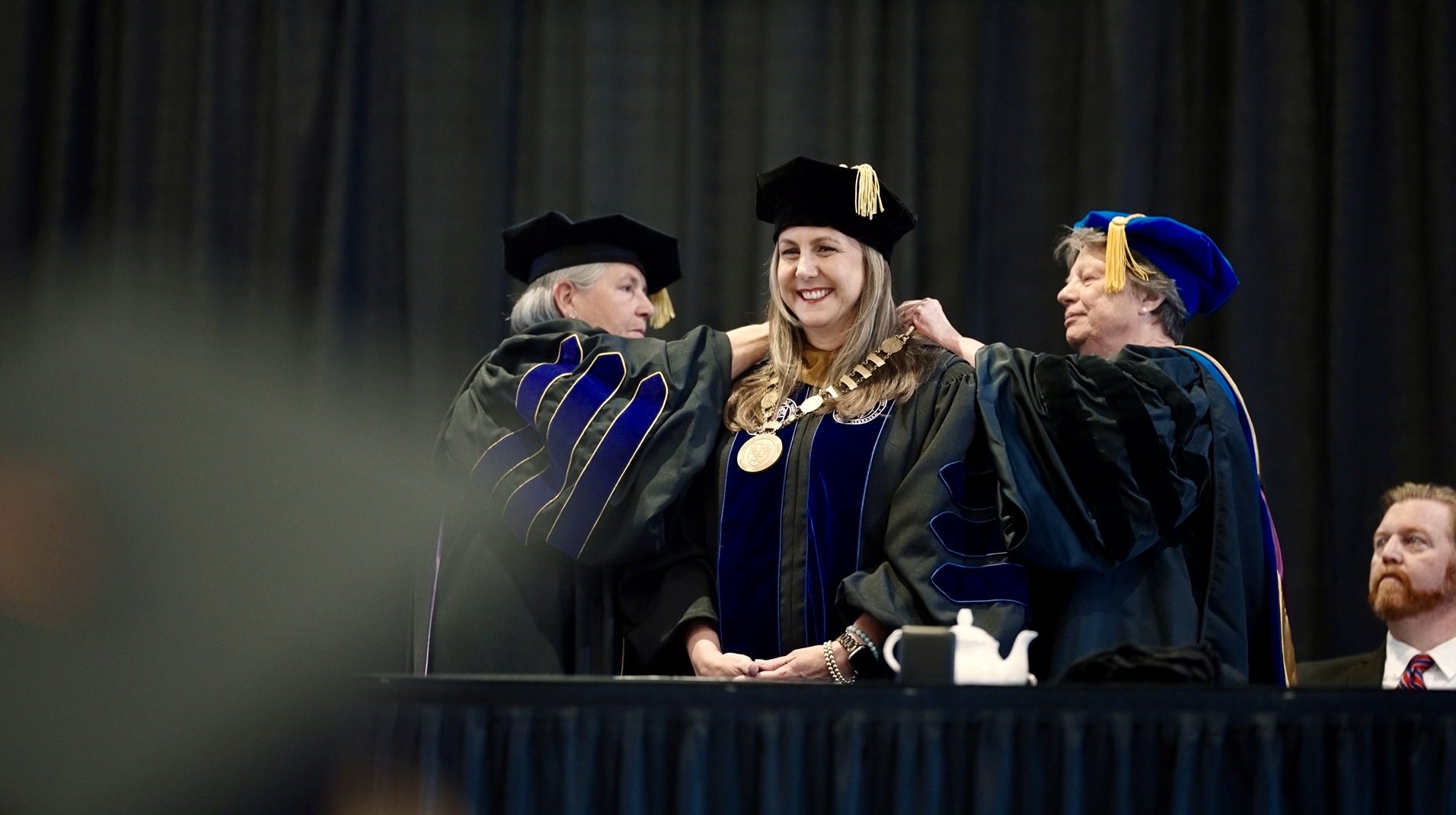 College of Saint Mary President Heather Smith being inaugurated receiving her medallion from former president Maryanne Stevens in 2025.