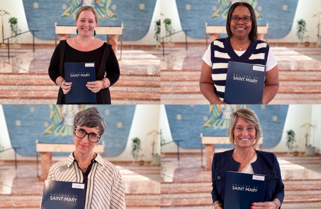 Inspiring Excellence Award winners Amanda Roe, Tracey Toney, Robyn Kniffen and Andrea Loll hold their awards in the chapel on campus.